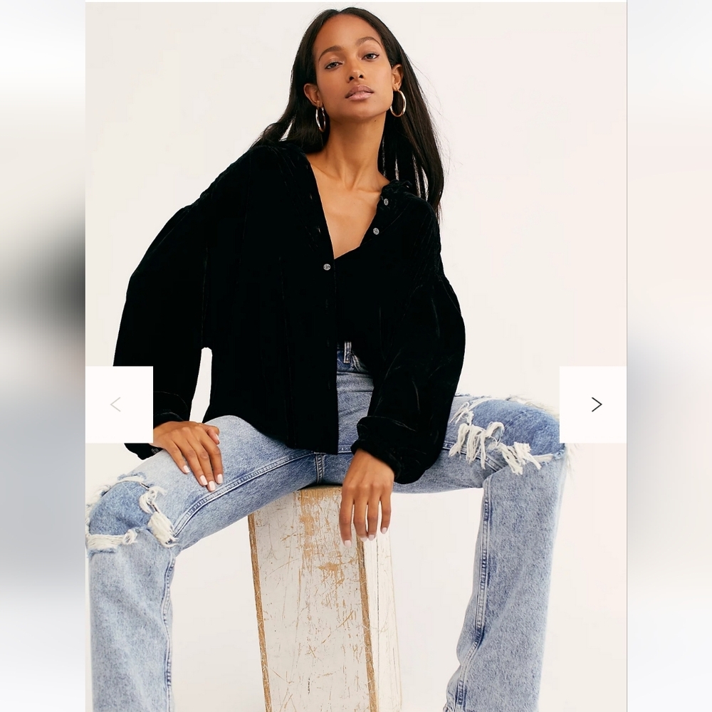 We The Free La Luna Black Velvet Buttondown Blouse